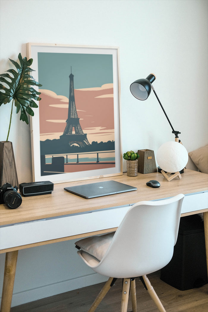 Vintage style poster of the Eiffel Tower in Paris displayed in a stylish home office