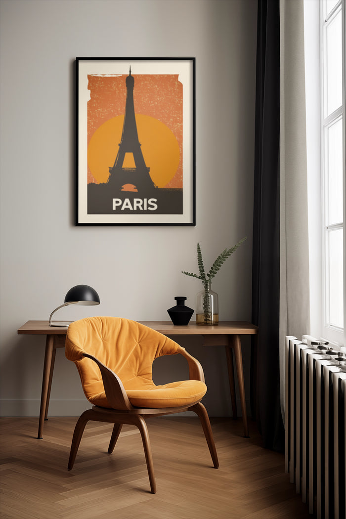 Vintage style poster of the Eiffel Tower with 'PARIS' text displayed in a contemporary room setting
