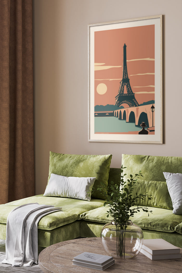 Vintage style poster of the Eiffel Tower at sunset in a stylish interior decor setting