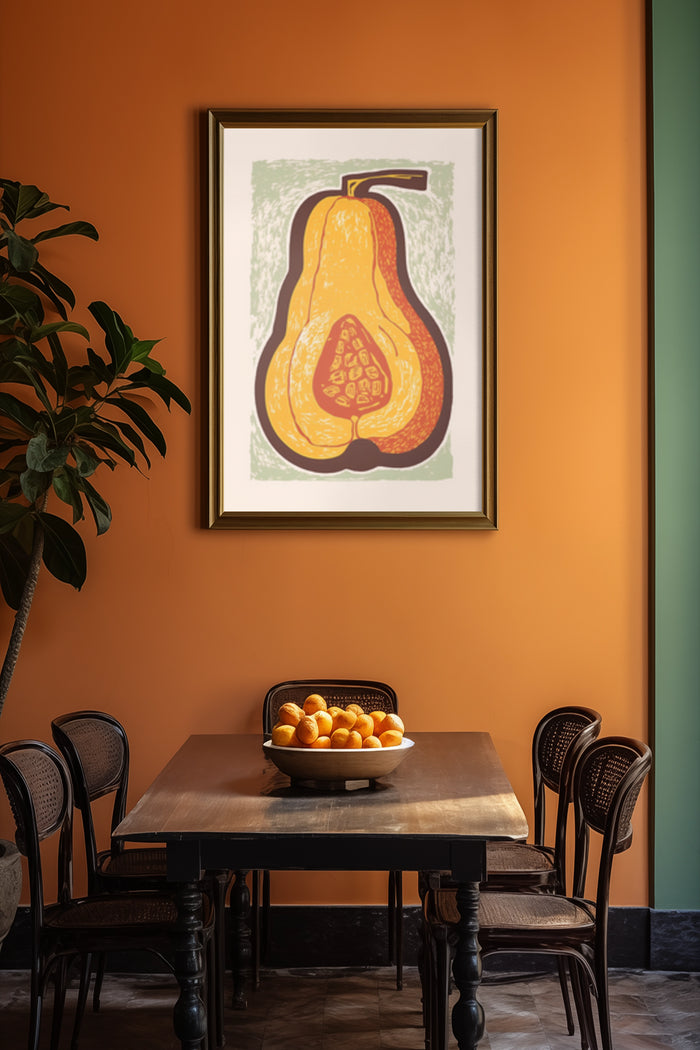 Vintage Pear Artwork Poster in Stylish Dining Room Interior Design