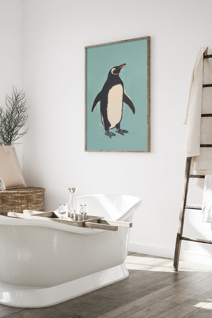 Vintage stylized penguin poster framed on the wall above a contemporary bathtub in a home decor setting