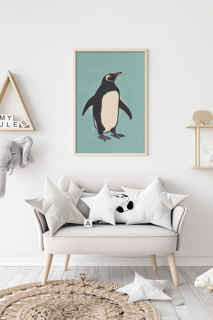 Vintage-styled penguin poster framed on a wall in a modern living room with decorative pillows and toys