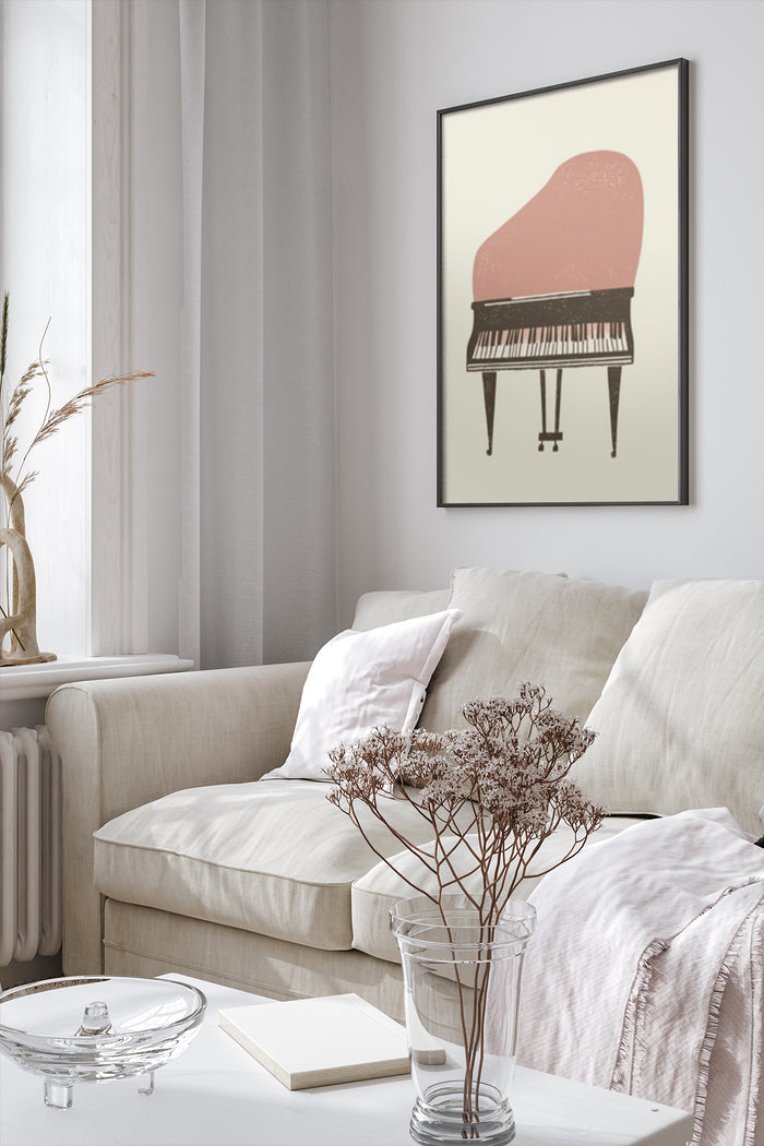 Vintage minimalist piano poster framed on a wall in a contemporary styled living room with neutral colors decor
