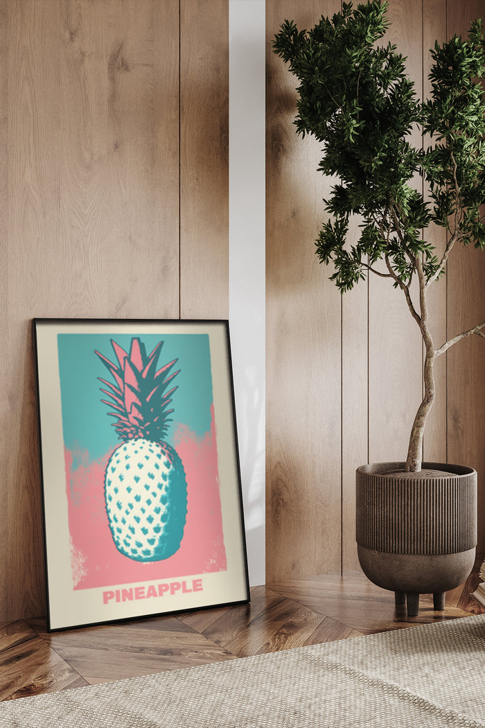 Retro style pop art pineapple poster in modern interior setting, next to a potted tree