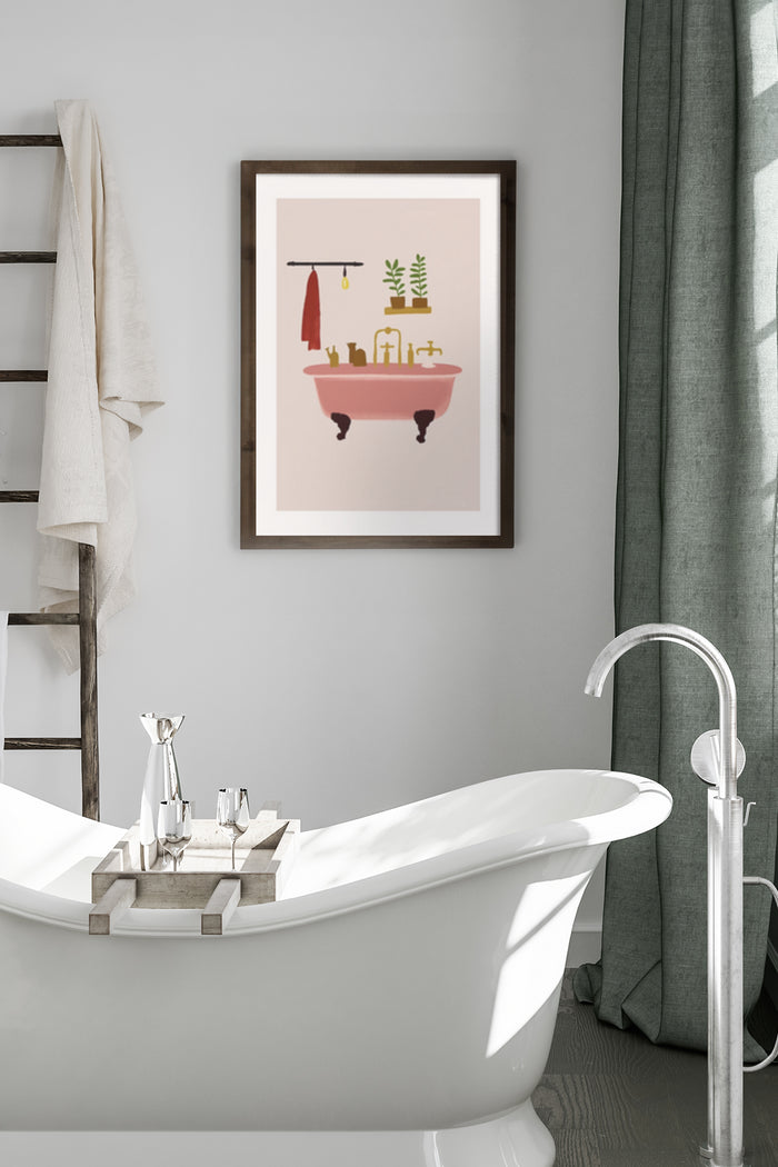 Artistic poster featuring a vintage pink bathtub with plants and toiletries in a stylish bathroom setting