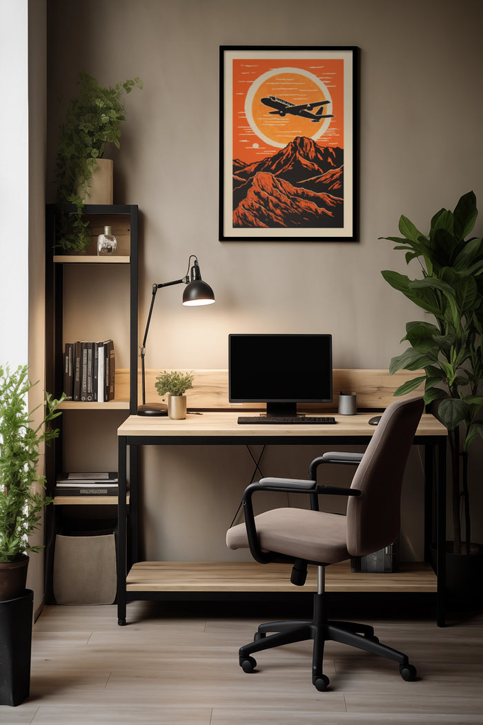 Vintage airplane flying over mountain illustration poster in stylish home office interior