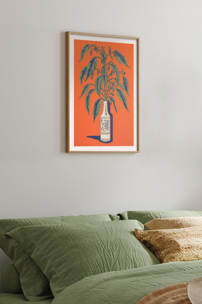Vintage botanical poster of a plant in a decorative bottle framed on bedroom wall