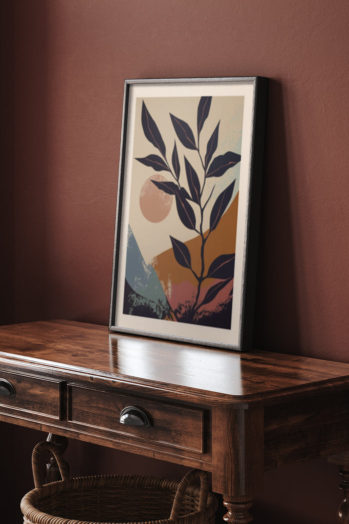 Vintage inspired botanical poster with plant silhouette and geometric shapes in a wooden frame