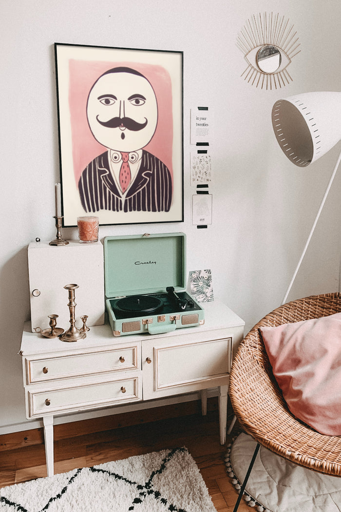 Whimsical vintage portrait poster in a modern living room with eclectic decor