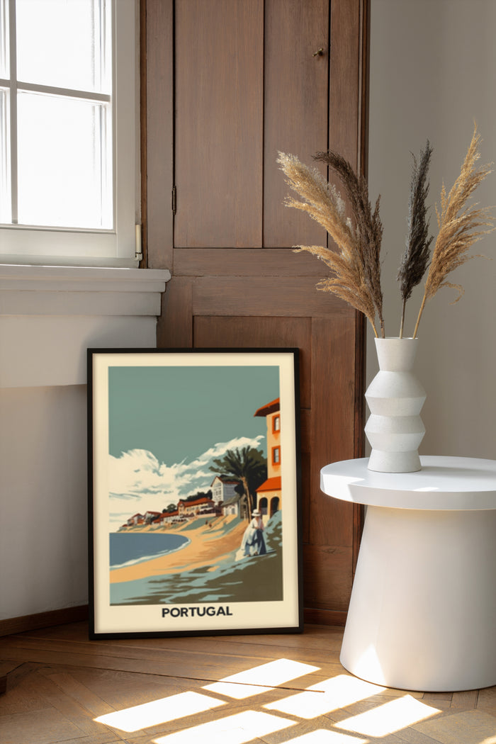 Vintage Portugal travel poster in a modern interior setting beside a stylish vase with dried flowers