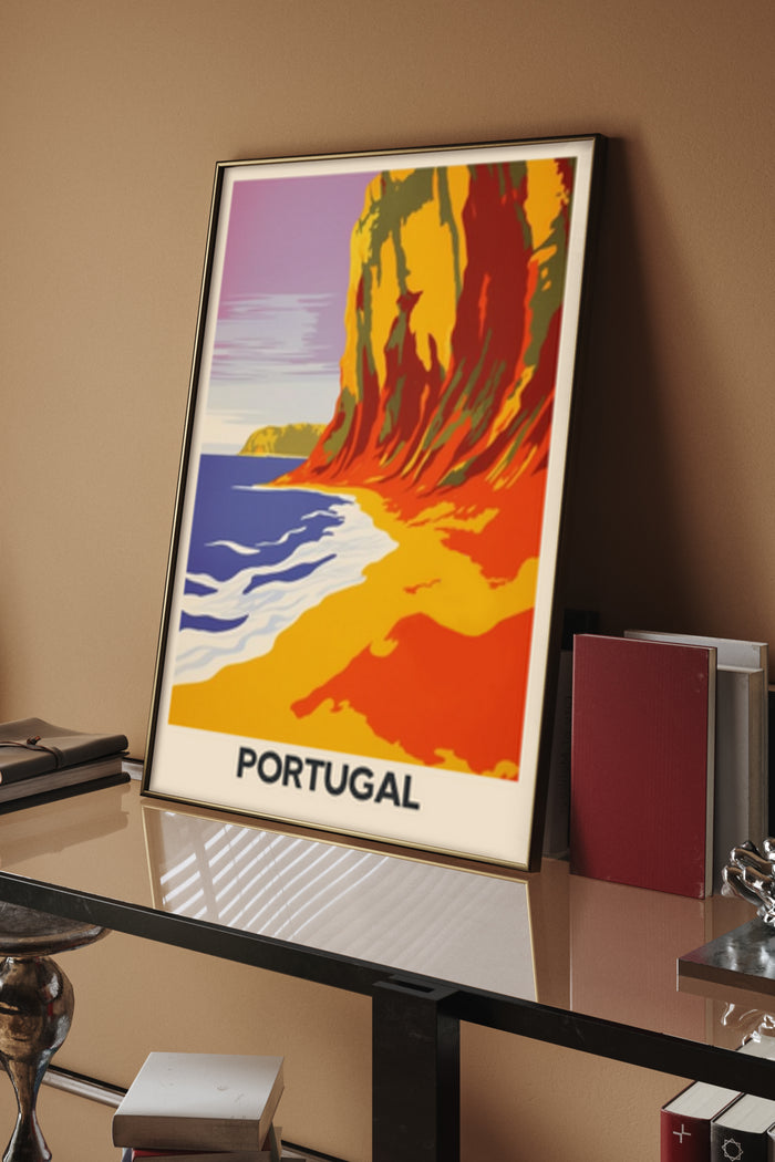 Colorful Vintage Portugal Cliff Beach Travel Poster Framed on a Wall