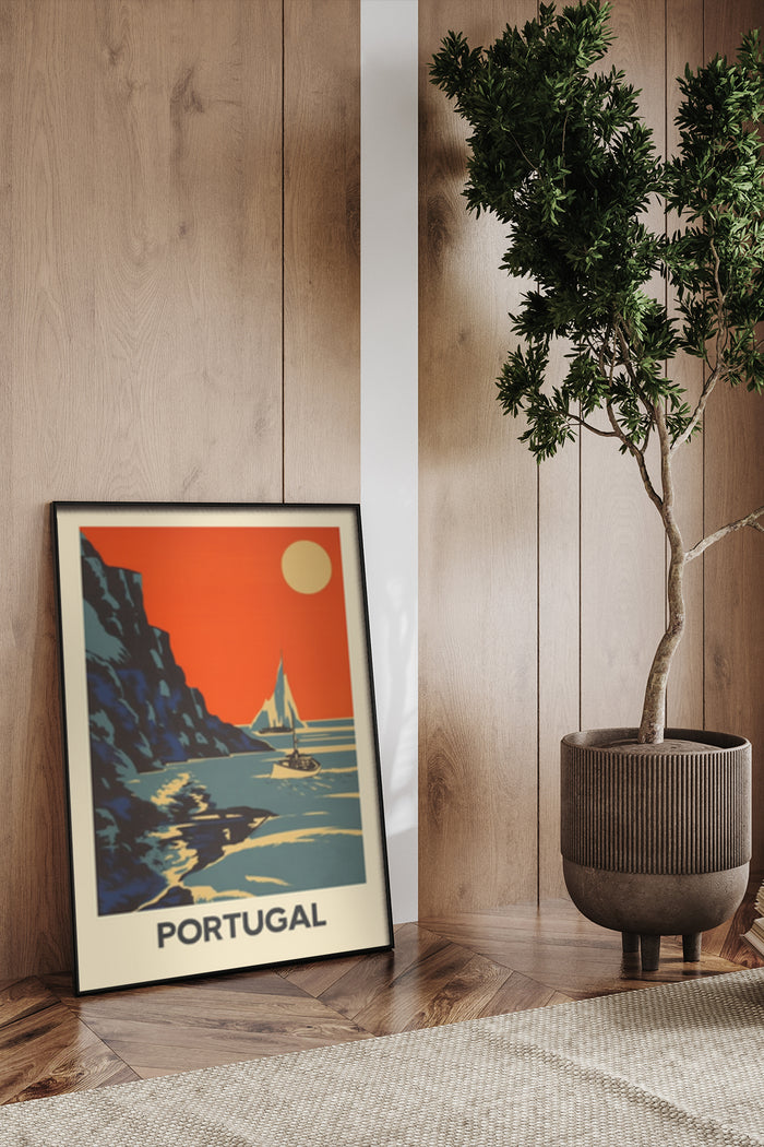 Vintage travel poster of Portugal featuring a sailboat and coastal scenery