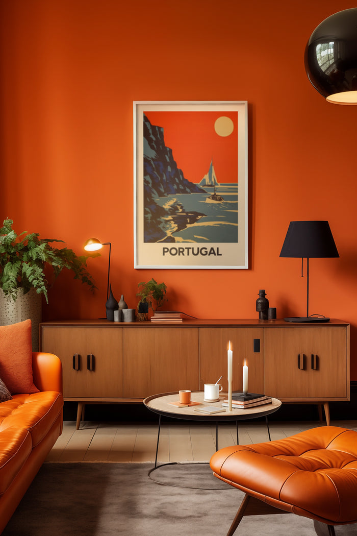 Retro style travel poster of Portugal with sailboat and cliffs for interior decoration