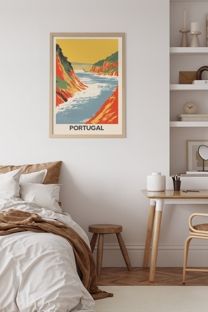 Vintage Portugal travel poster with scenic river and bridge artwork in a cozy bedroom setting