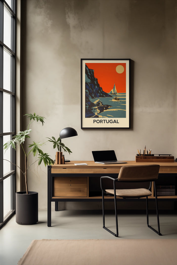Vintage Portugal travel poster with cliff and sailboat hanging in modern office space