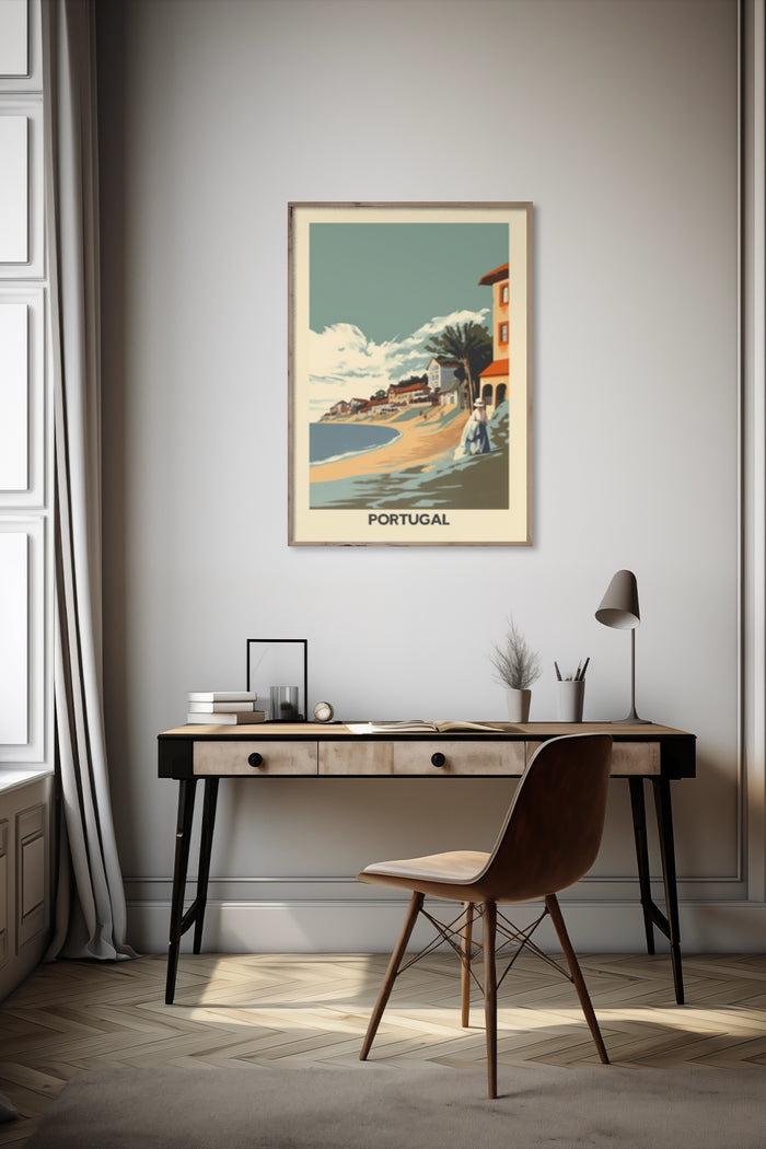 Vintage travel poster of Portugal hung on a wall in a stylish interior setting