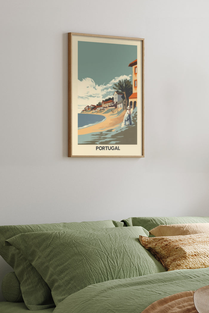 Vintage Portugal beachside travel poster in bedroom decor setting