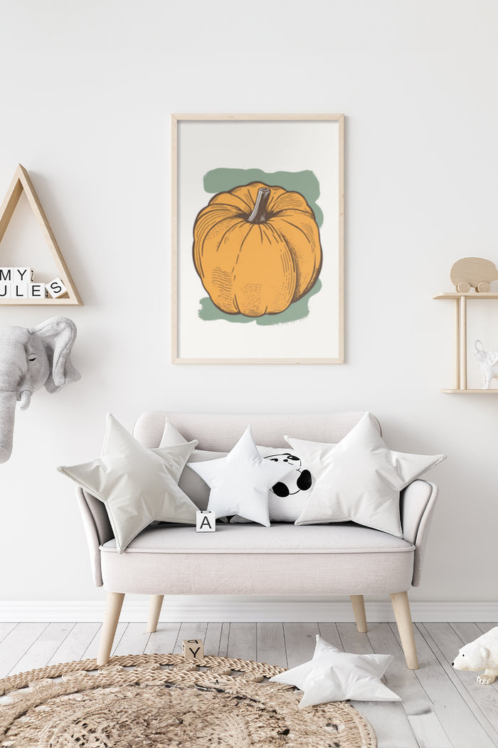 Vintage style pumpkin artwork poster framed on a wall above a modern sofa with decorative pillows in a stylish living room