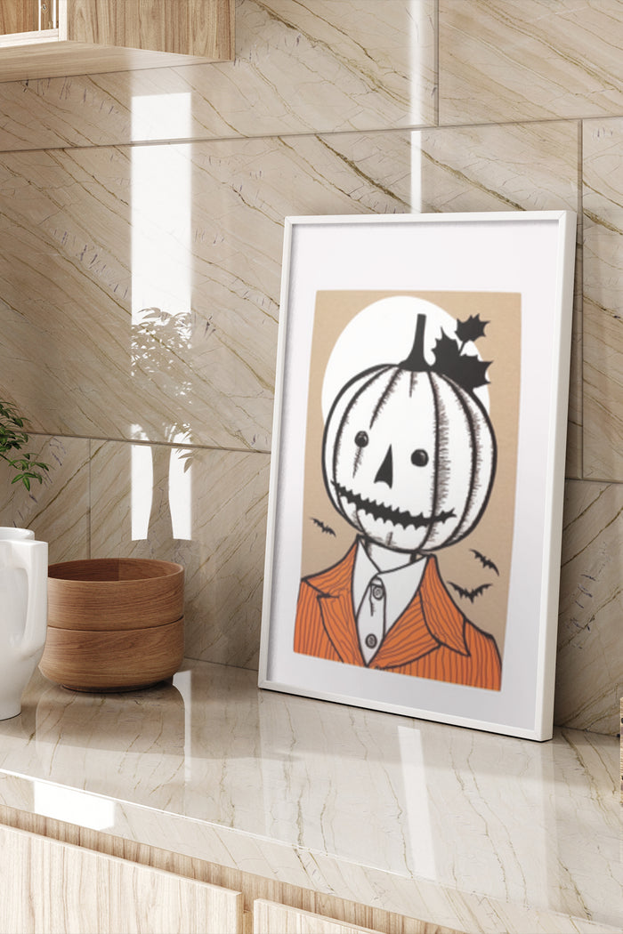Vintage Pumpkin Head Illustration Poster Displayed in a Chic Modern Room