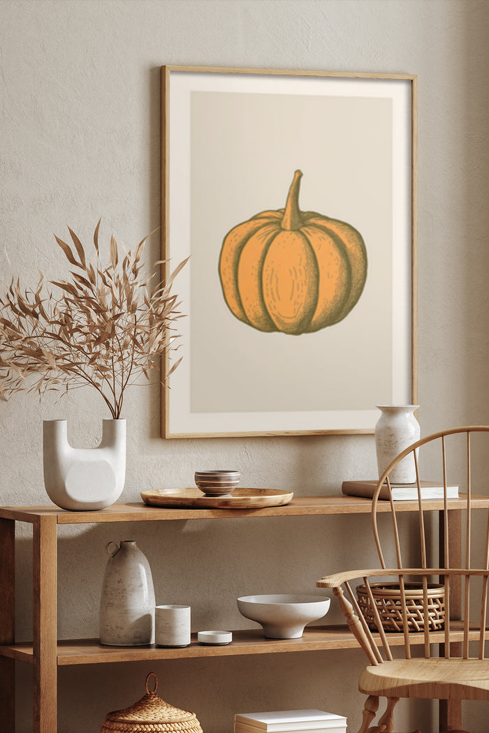 Vintage pumpkin illustration poster framed on a stylish interior wall above wooden shelves with ceramics and a dried botanical arrangement