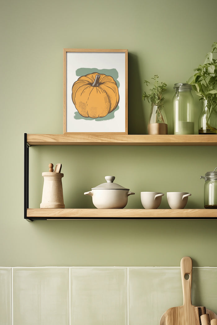 Elegant vintage pumpkin illustration poster framed in kitchen with wooden shelves and ceramic dishware