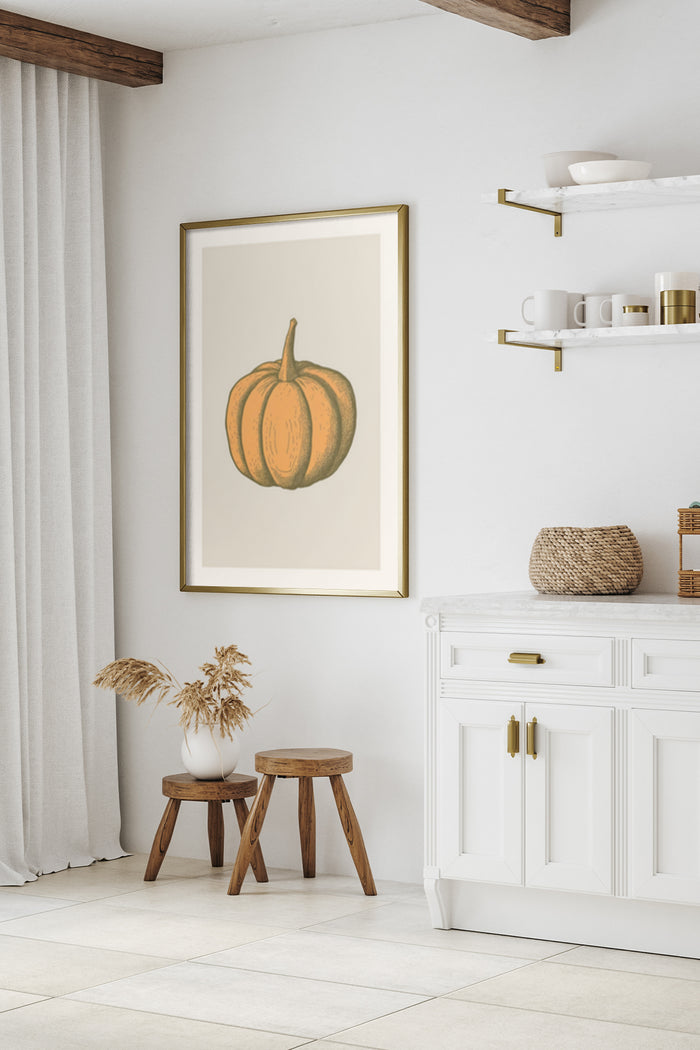 Vintage style pumpkin illustration in a frame on a kitchen wall