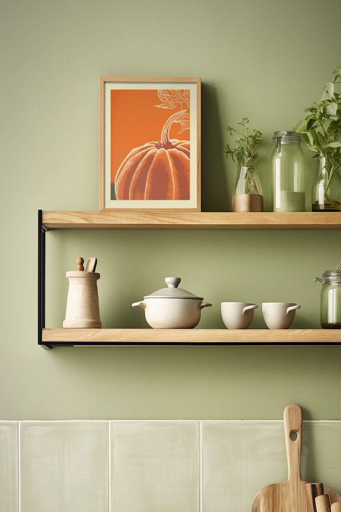 Vintage style pumpkin poster framed on kitchen shelf with minimalist tableware