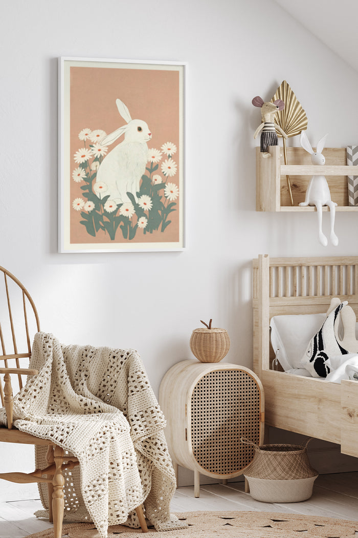 Vintage style rabbit and daisies poster in a modern nursery room