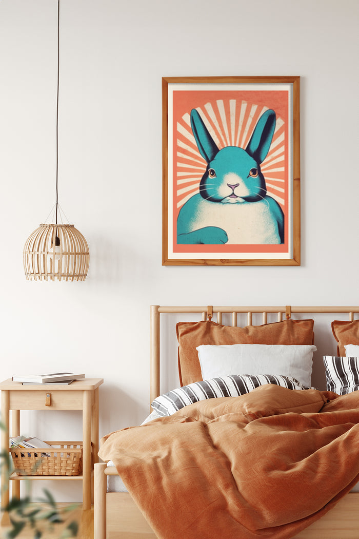 Vintage-inspired blue rabbit poster with sunburst background as bedroom wall art decor