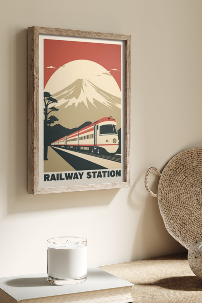 Vintage Railway Station travel poster featuring a red train and Mount Fuji in the background