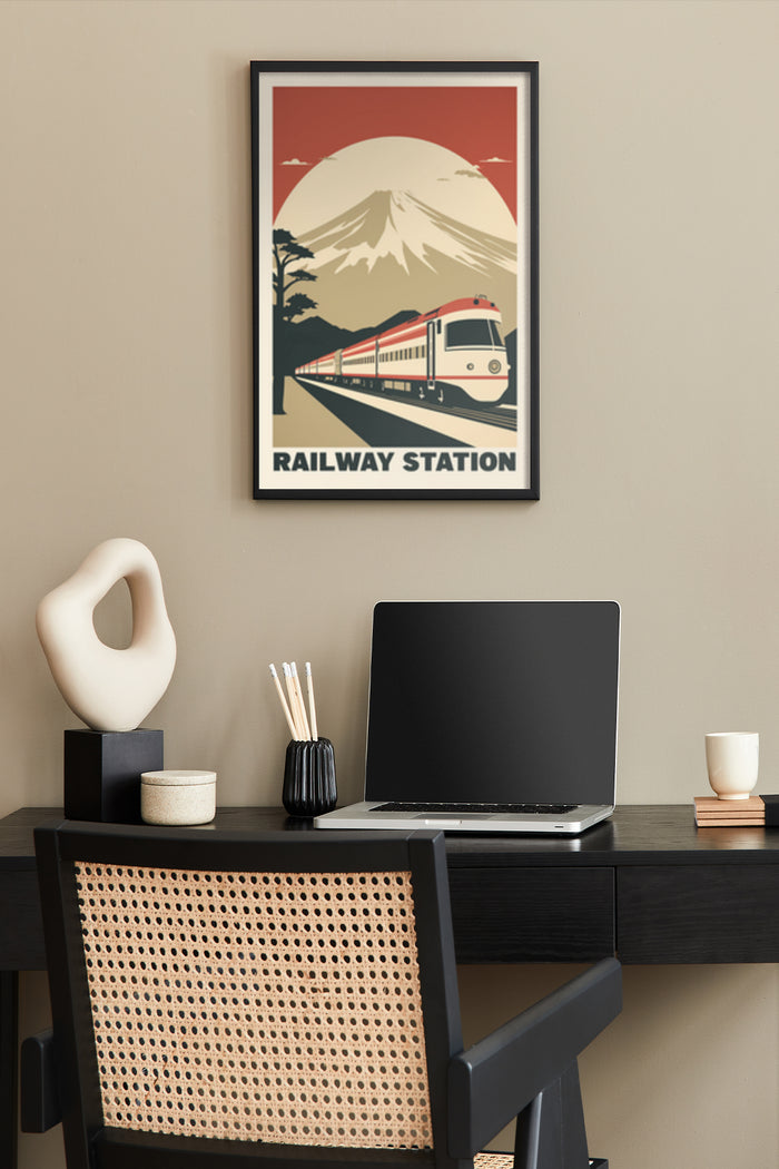 Vintage Railway Station poster featuring a train with a mountain backdrop in a stylish home office