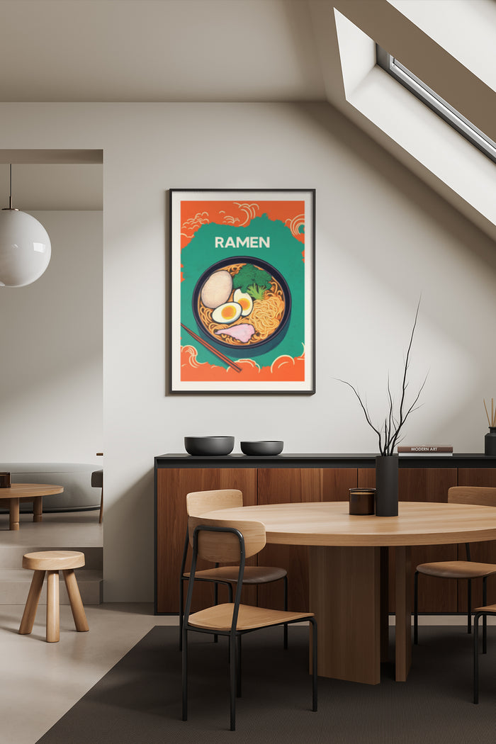Vintage styled Ramen Noodle Poster Art displayed in a modern dining room setting