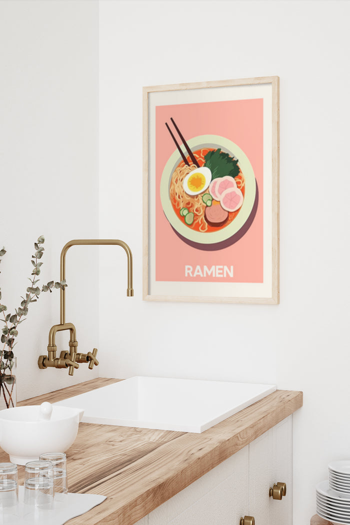 Vintage styled poster of Ramen noodle bowl art hanging in a modern kitchen interior