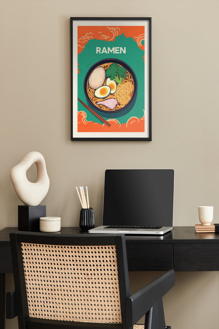 Vintage Ramen Noodle Poster with Traditional Japanese Design Elements Displayed in Home Office