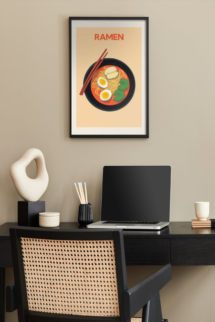 Vintage style Ramen poster artwork displayed above a desk with laptop and decorative items in a home office interior