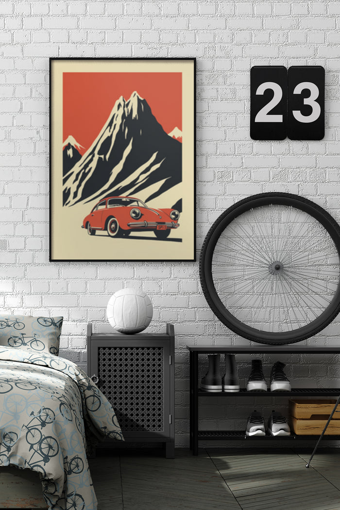 Vintage red car and mountain graphic poster in a stylish bedroom setting