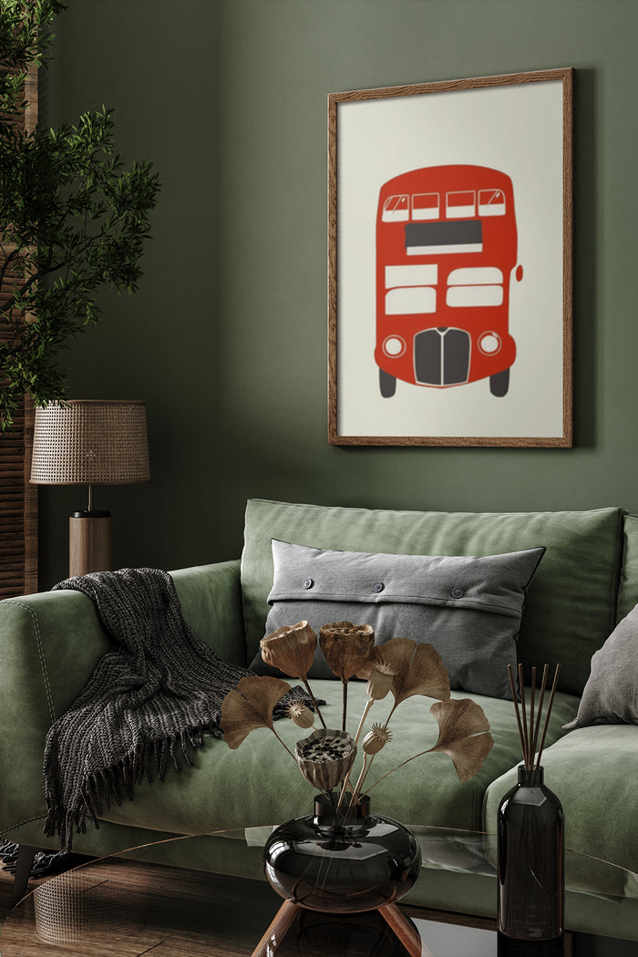 Vintage Red Double Decker Bus Poster in Stylish Home Interior Setting