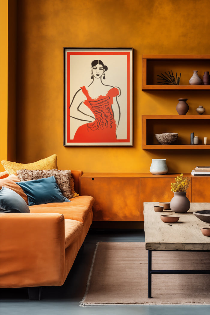 Vintage fashion artwork with red dress illustration featured in stylish contemporary living room decor
