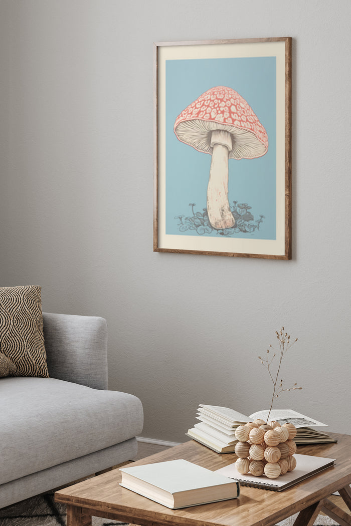 Vintage style poster of a red-spotted mushroom in a modern living room setting