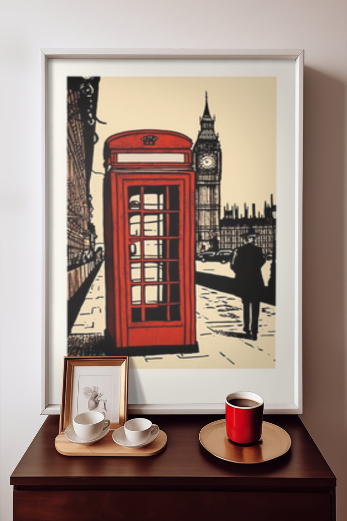 Vintage Red Telephone Booth and Big Ben Poster Art in a Modern Interior