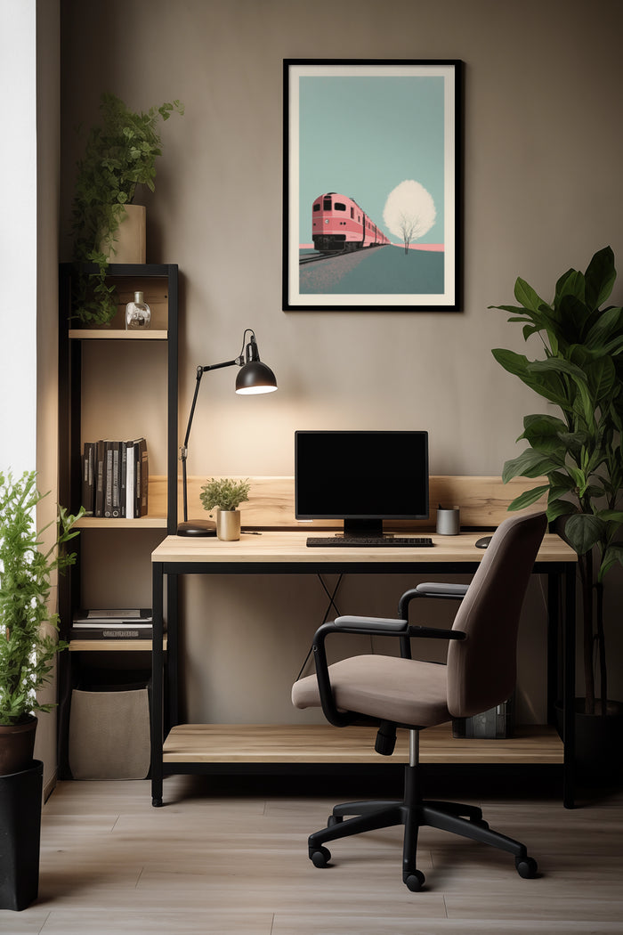 Stylish home office with a framed poster of a vintage red train, wooden desk and modern decor