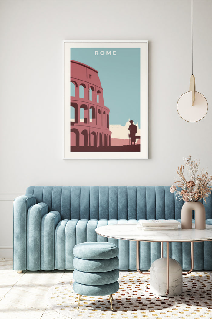 Vintage Travel Poster of Rome with Colosseum Illustration in a Stylish Room