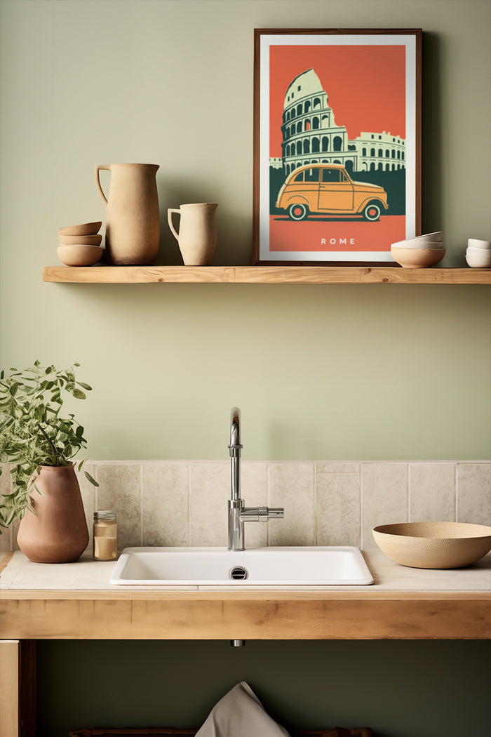 Vintage style Rome travel poster featuring the Colosseum and a classic car in a kitchen setting