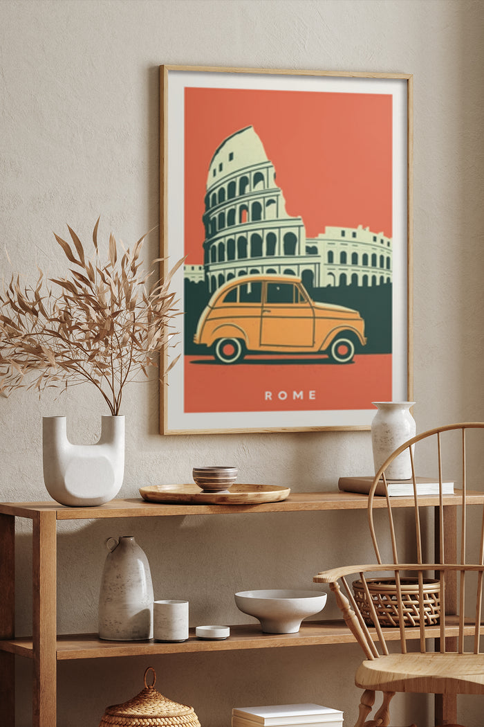 Stylized vintage travel poster for Rome featuring the iconic Colosseum and a classic car in warm color tones