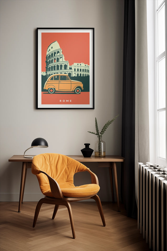 Vintage travel poster of Rome with iconic Colosseum and classic car in stylish interior