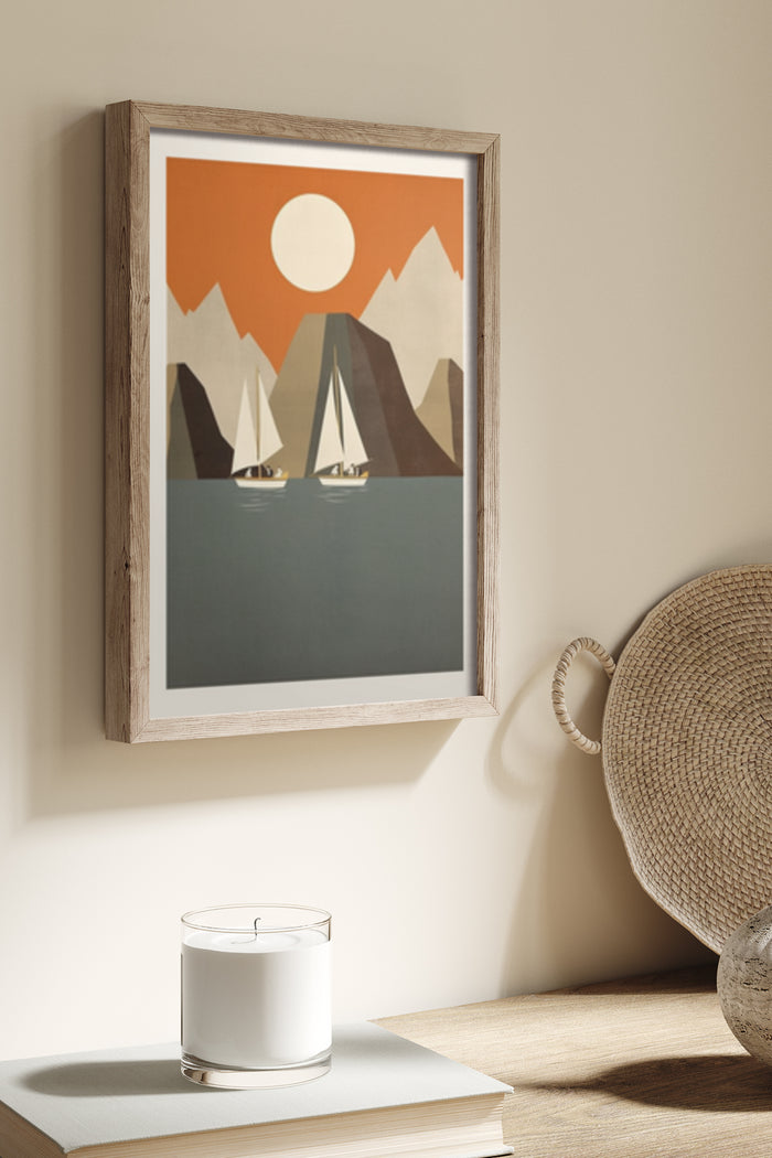 Vintage style poster depicting abstract sailing scene with mountains and sun in warm tones