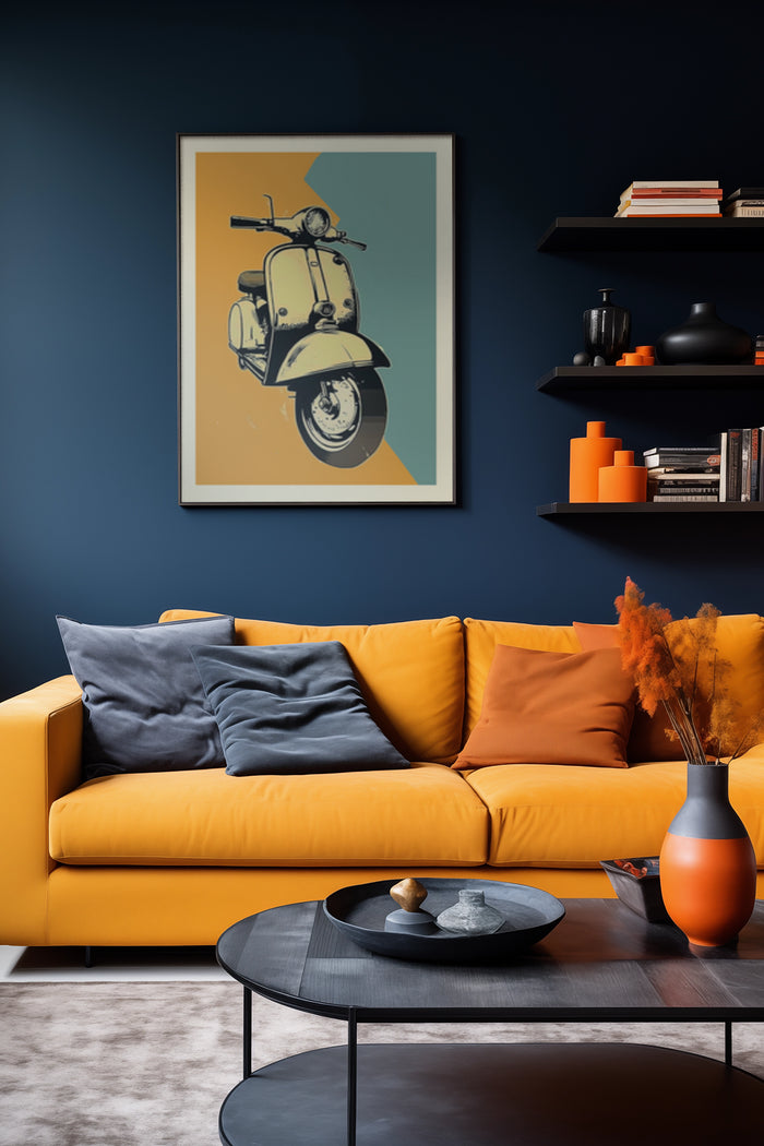 Vintage scooter poster in stylish living room with dark blue walls and burnt orange sofa