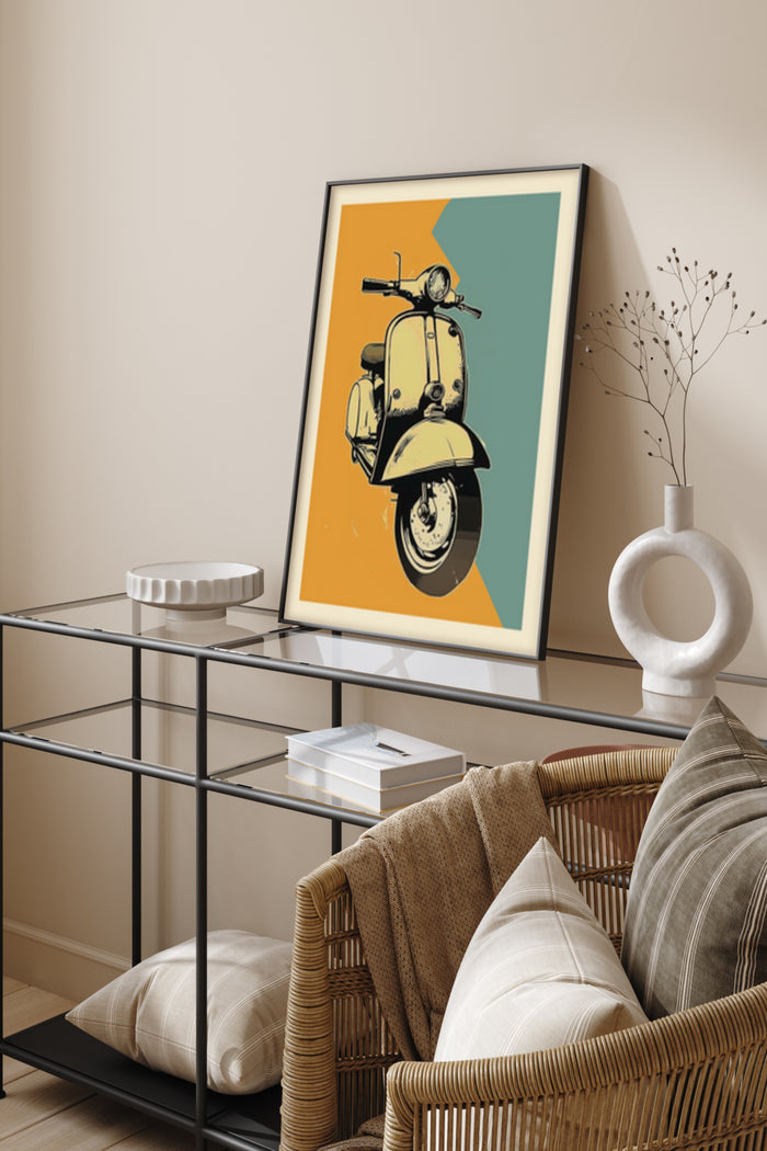Vintage yellow scooter on teal and orange background framed poster in modern home decor