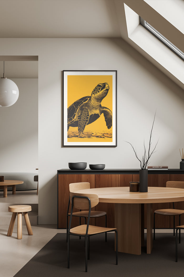 Vintage Sea Turtle Art Poster in Stylish Modern Dining Room