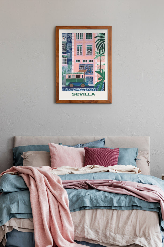 Vintage Sevilla travel poster with pastel buildings and retro bus framed in a cozy bedroom setting